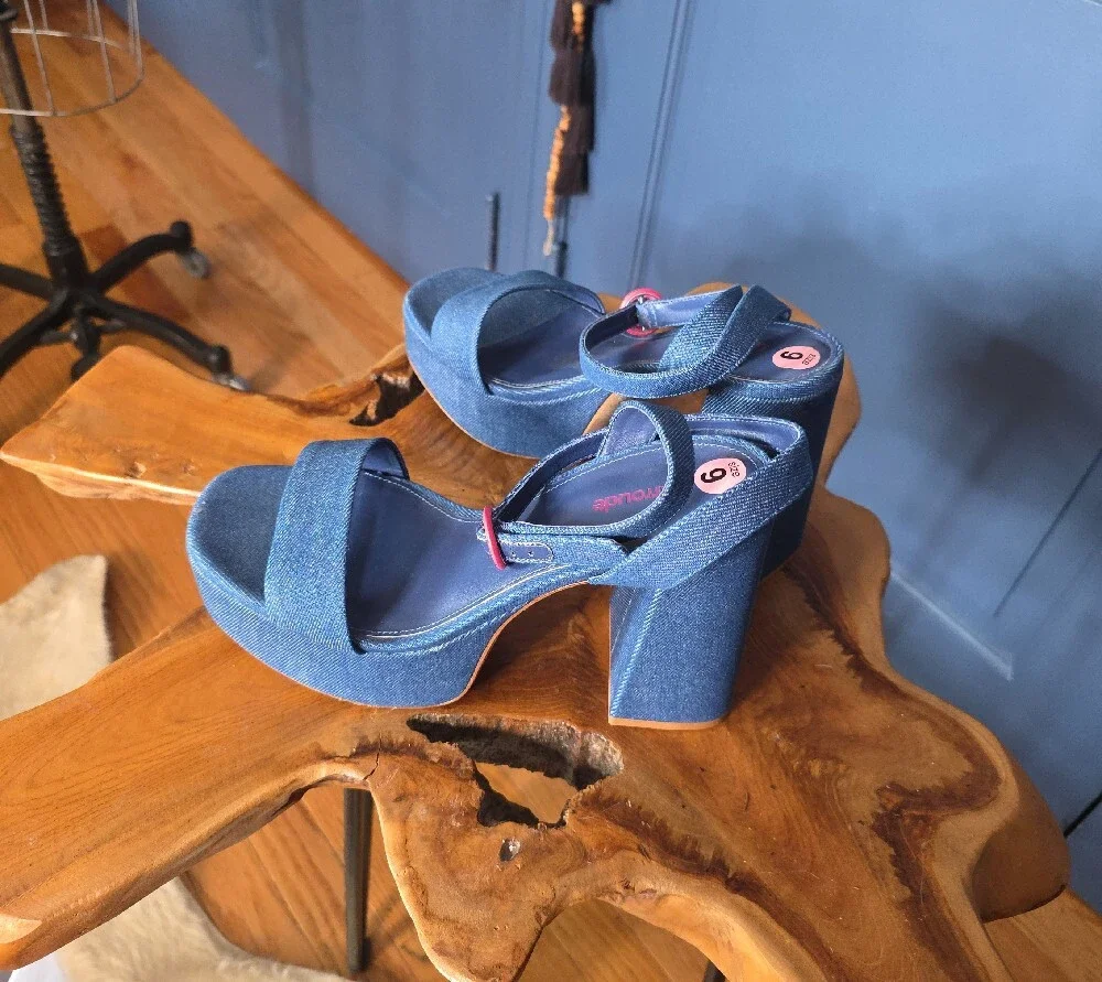 Denim Platform Block Heel Sandals - Blue